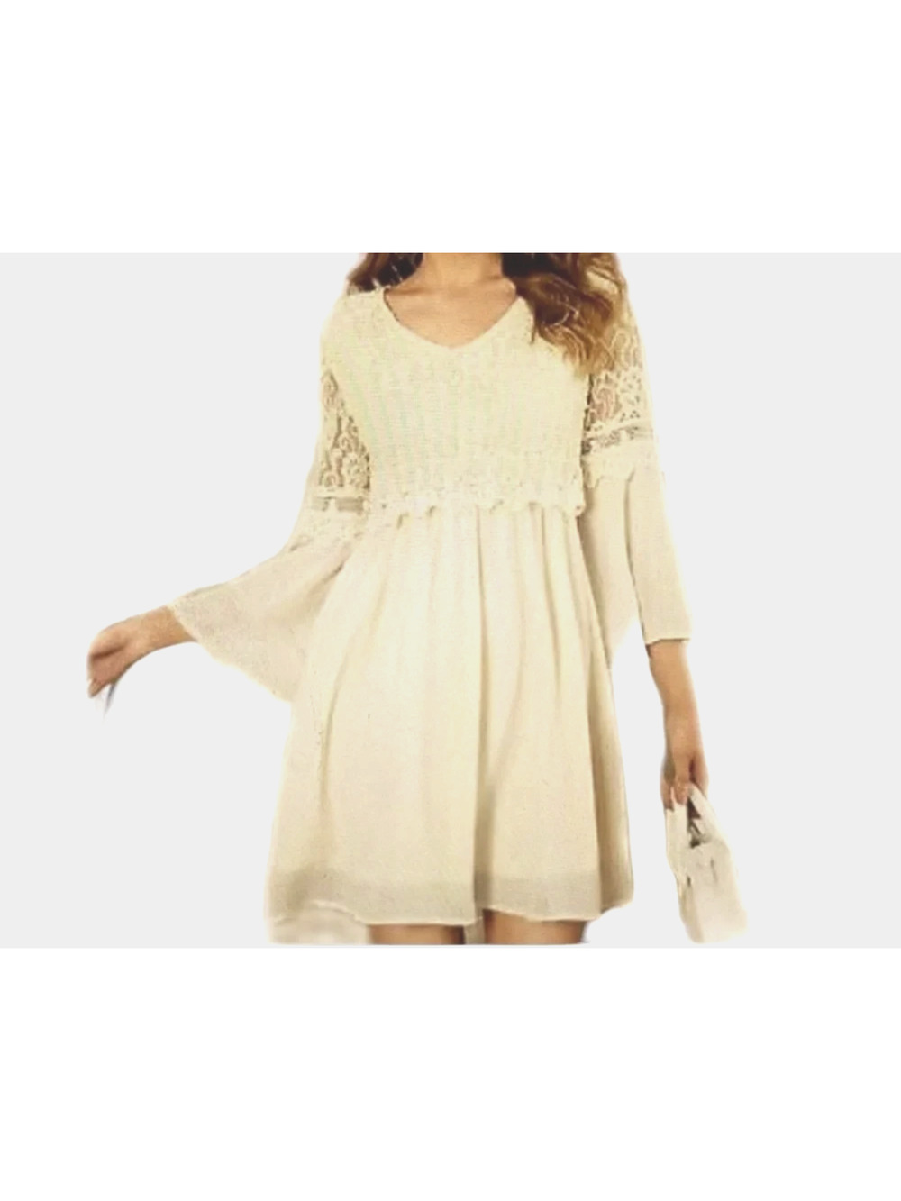 NWT ZANZEA Romantic Ivory White Lace Baby Doll Dress Flowy Bell Sleeves L